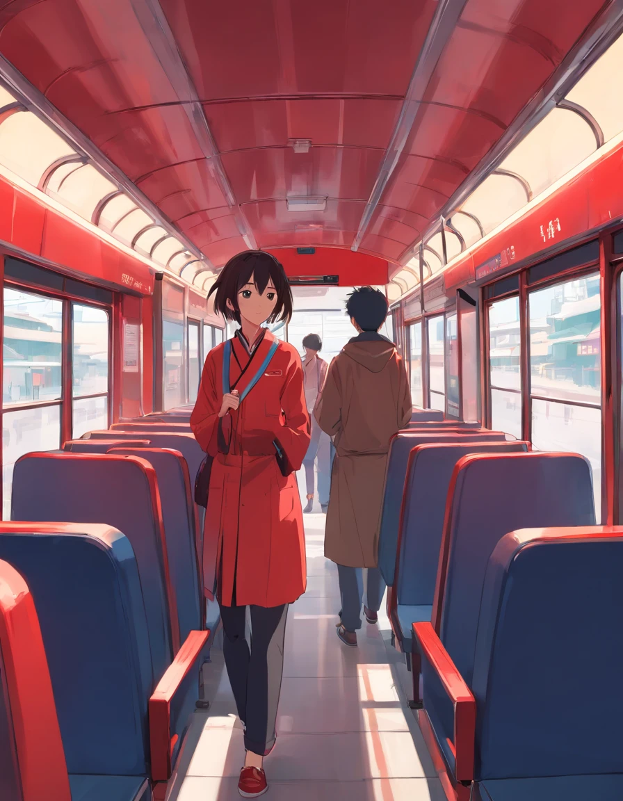 Red stretched Chengdu bus,Simple illustration, Has a solid color, Frontal perspective, bold black lines, On a white background.
