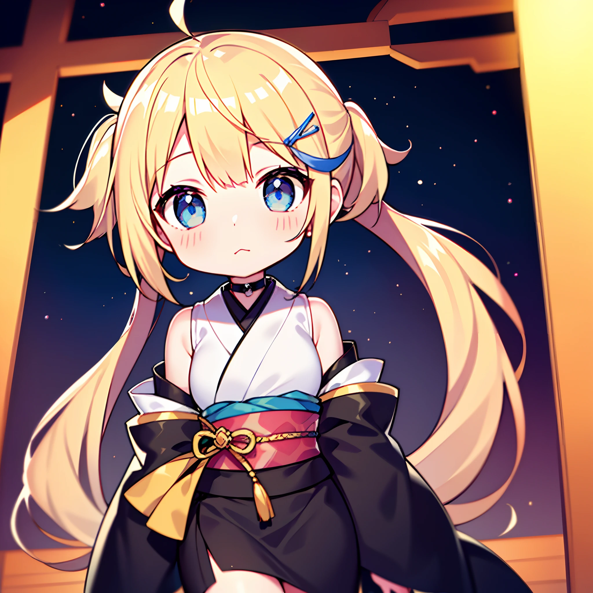 absurderes, (独奏:1.5,)ultra-detailliert,bright colour, extremely beautiful detailed anime face and eyes,(chibi:1.3), view straight on,25 years old, Shy face,Short hair, , asymmetrical bangs, Blonde hair with short twin tails, Shiny hair, Delicate beautiful face,(Blue eyes), White skin, hair clips,Black and yellow kimono、Night shrine、full body