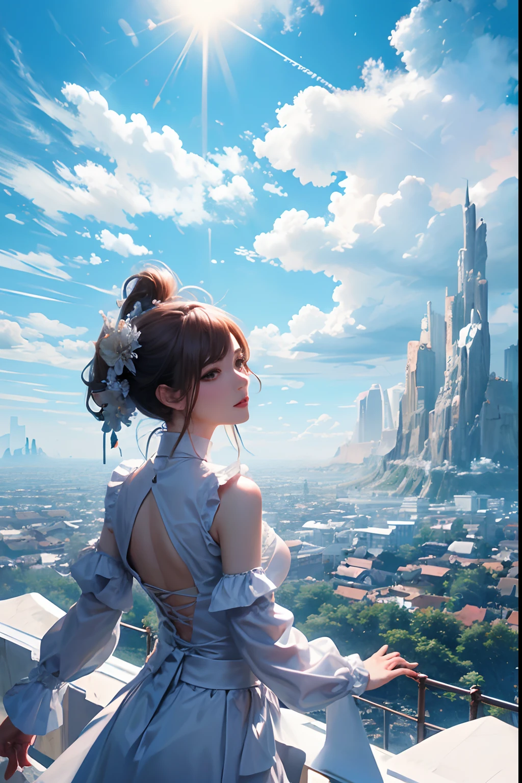 (((Fly to the clouds))),Kizi,full bodyesbian,baiyun,Clouds,Thick white clouds,Fold your hands,Flowers bloom,(Extremely detailed:1.1),tmasterpiece,super-fine,best qualtiy,8K