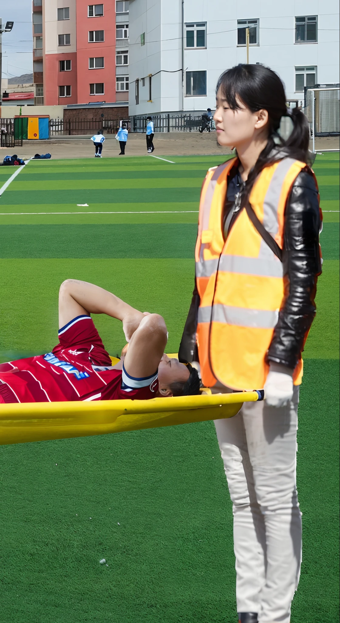 the policewoman holds the stretcher in her hands, the policewoman grabs the handles of the stretcher with her hands, the man on the stretcher is visibly in pain, stadium atmosphere, the man is lying flat on his back on the stretcher and has his arm draped over his face, A scene at a soccer stadium in Mongolia, a man lying flat on his back on the stretcher with his arm over his face, lying flat on his back on the stretcher his arm is covering his face, he has his arm over his face while being carried on the stretcher, There is an attractive and heavily made-up Mongolian female police officer in a long black leather coat, A Mongolian female police officer in a shiny black leather coat on a soccer field, A Mongolian female police officer is holding a stretcher, A man is lying on the soccer stadium his back with his torso on the right in matt and roughened white and red sportswear on a stretcher, a man lies on a stretcher and has his left arm bent over his face, we only see the torso and thighs of the male athlete who is being carried with the stretcher to the left off the picture, the man lies on his back on the stretcher and covers his face with his bent left arm, the mongolian policewoman is exceptionally heavily made up and has an extremely desperate and very angry expression on her face, high-resolution photo, realistic sports photo, soccer scene, mongolia, mongolian policewoman, uniformed woman in black shiny long leather coat, injury scene, real photo, ultra realistic, high definition, sports photography