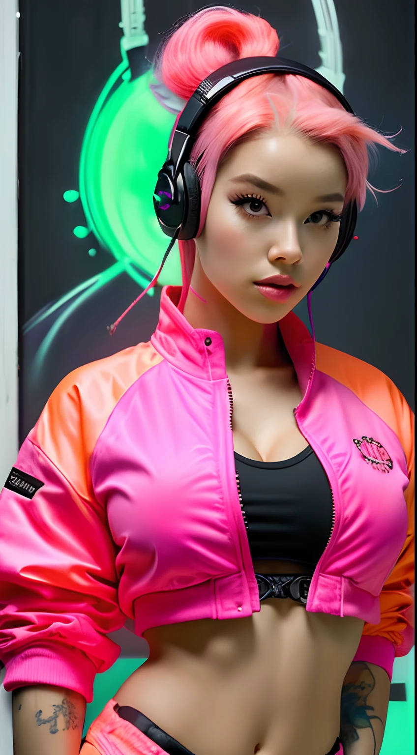 ((Best quality)), ((masterpiece)), ((realistic)) and ultra-detailed photography of a 1nerdy cute girl with neon headphones, She has ((pink hair)), is wearing an orange techwear jacket, and exudes a ((beautiful and aesthetic)) vibe,(big boobs),(erect,sexy,