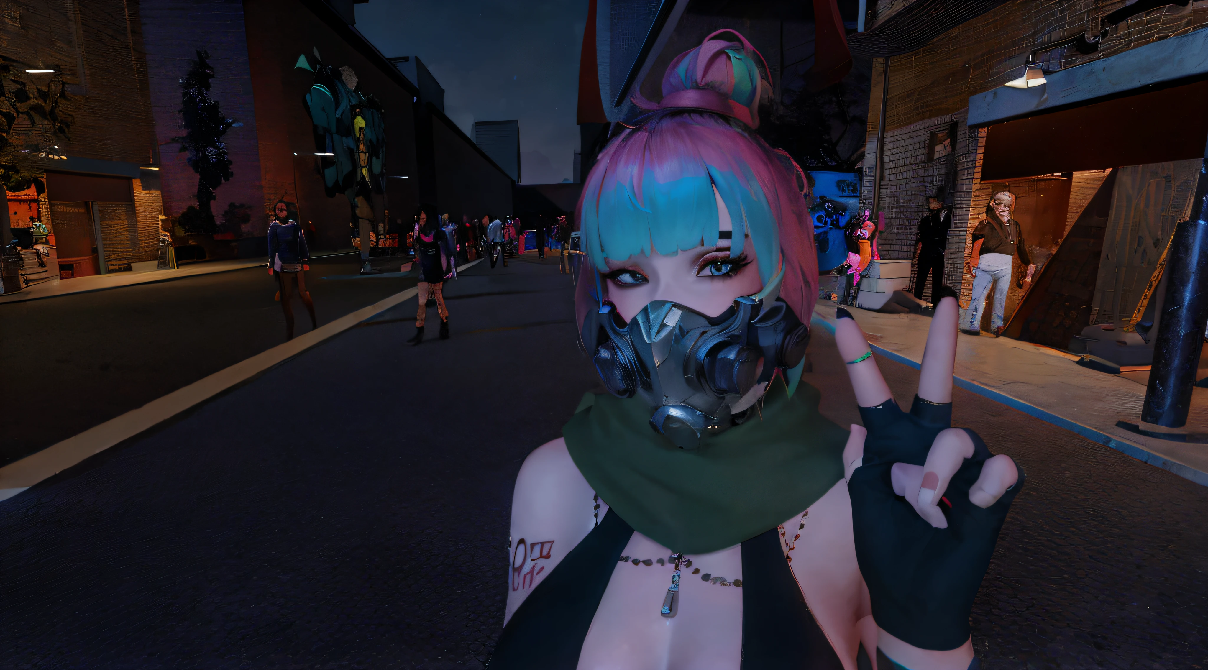 There is a woman wearing a gas mask and a green scarf, En Cyber Punk 2077, en Cyberpunk City, En Cyberpunk City, cyberpunk street goon, Mercado cyberpunk, en una ciudad cyberpunk, en una ciudad cyberpunk, cyber punk setting, en una ciudad cyberpunk, en un entorno cyberpunk, Ambiente cyberpunk, Disturbios en una ciudad cyberpunk, in a cyber - punk ally