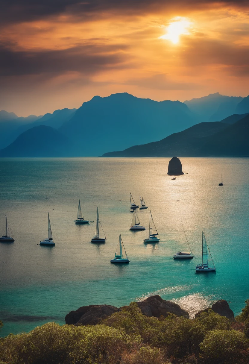 Refreshing wide seascape with yachts running