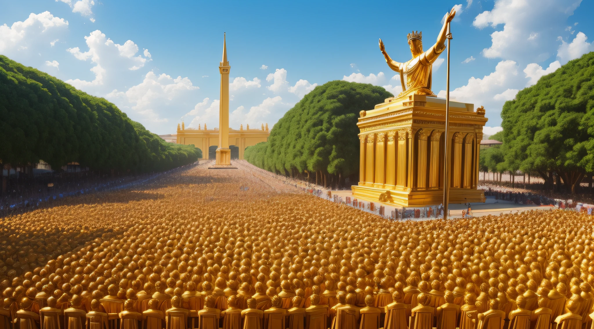 a large golden statue in human form of king three meters high, A crowd at the feet, tema biblico, historias da biblia, background: povo judeu, rei nabucodonosor