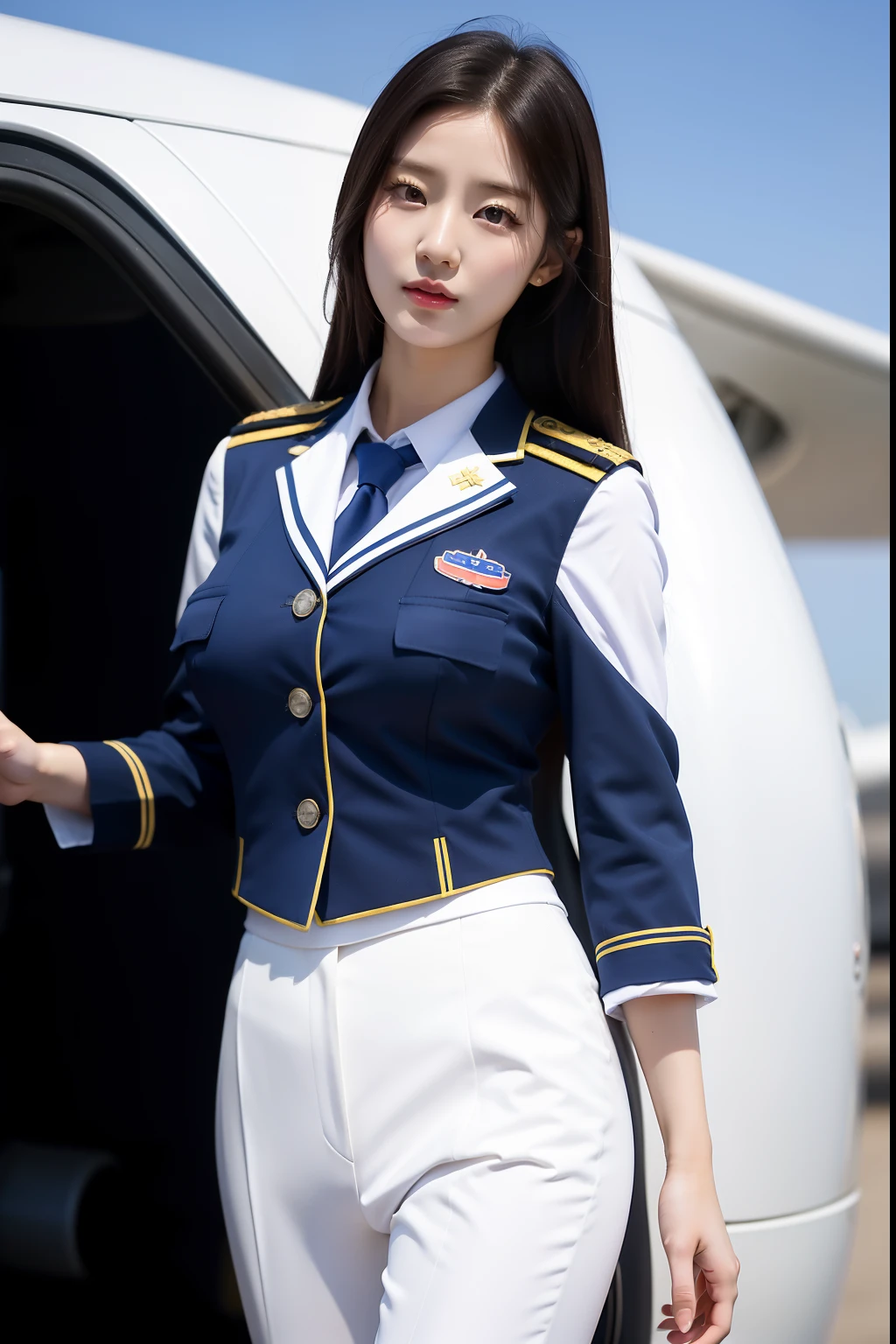 arafed asian woman in a blue and white uniform standing in front of a plane, cute pilot girl, korean girl, jaeyeon nam, beautiful south korean woman, cute girl wearing tank suit, pilot girl, taejune kim, korean woman, heonhwa choe, gorgeous young korean woman, girl with warship parts, wearing dirty ripped flight suit, beautiful south korean woman, korean girl, beautiful young korean woman, korean woman, heonhwa choe, korean women's fashion model, sexy look, big breast, sexy pose, show breast, light white hair