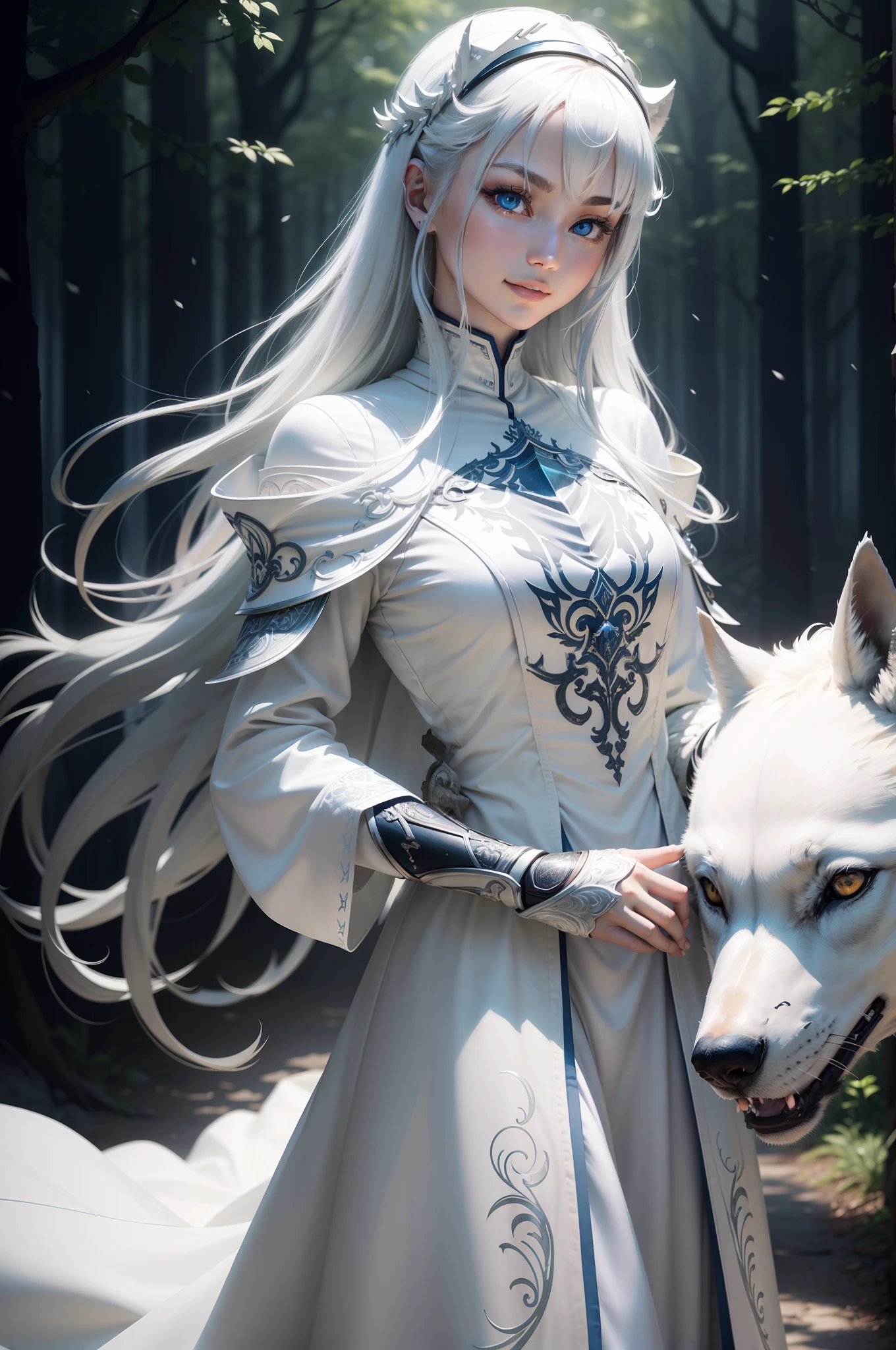 Bright and refreshing space、White is the key.、Smiling kindly、peaceful、Tiere、Not a person、unmanned、in woods、White Wolf、cyborgs、Metal Wolf、Have a beautiful sword、Shining blue eyes、1bolt、(intricate-detail)、nffsw、(intricate-detail、ultra-detailliert:1.2)、Cinematic shots、vignettes、central,、top grade、Eyes are clear、The sword shines
