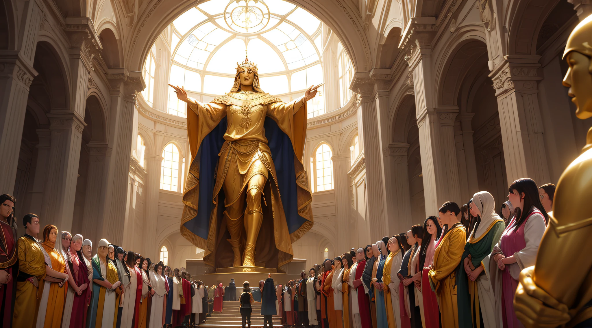 a large golden statue in human form of king three meters high, A crowd at the feet, tema biblico, Bible stories, background: povo judeu, rei nabucodonosor