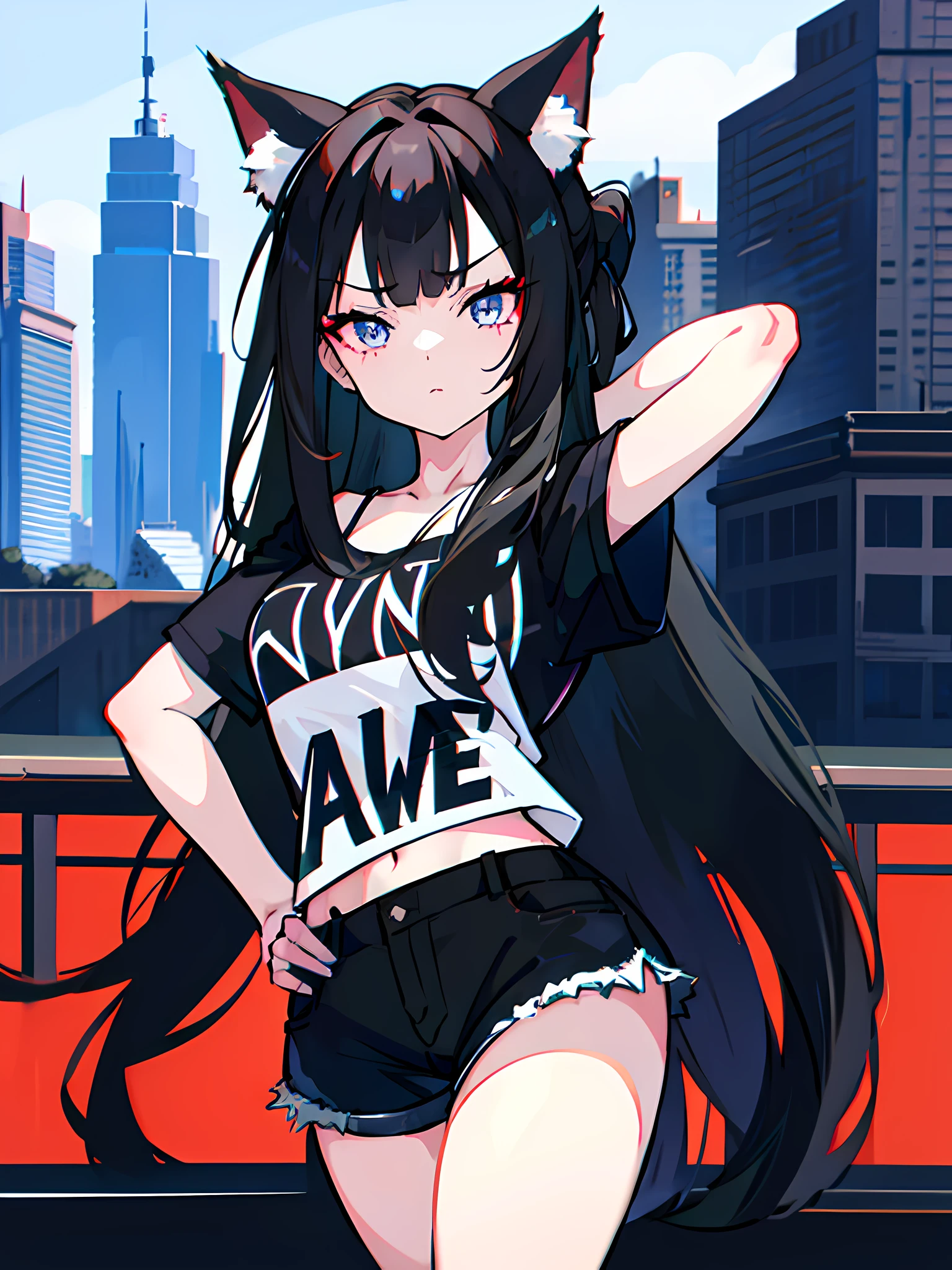 1girl, Long black hair, cat Ears, Black eyes, perfect face, wearing plain black shirt, denim shorts, city, absurdres, high res, ultra sharp, 8K, masterpiece, looking at viewer