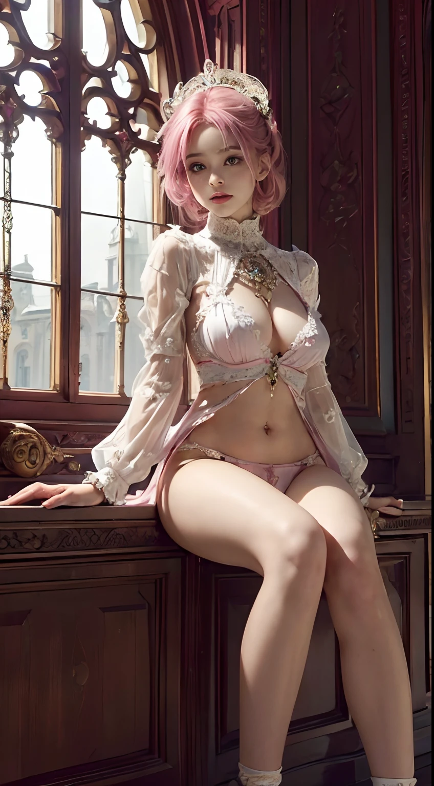 1girl, sitting, pink hair, ((torn clothes)), dress, short, navel, cute:1.15, young:1.2, petite, medium breast,  ((in background of intricate,detailed,building,architectural,masterpiece:1.2,grand design,elaborate structure,ornate facade,elegant curves,historical monument,impressive size,towering height,meticulous craftsmanship,meticulous attention to detail,fine textures,expansive windows,stunning symmetry,breathtaking beauty,beautifully lit,rich color palette,timeless elegance,grandeur,and majestic presence))