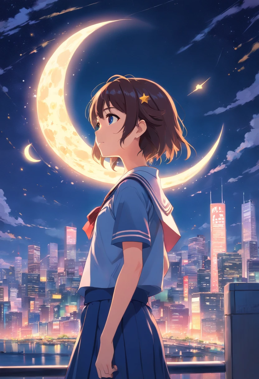 Star chips, MOON, dream, far away, Blossoming maiden, sad, a sailor suit, Female Student Uniforms, Strong soft focus, watercolor style, Blue moon, The view looking up, look up to, a hologram, Lots of light particles, The city of Tokyo, tokyo scenery