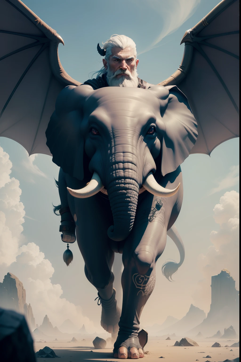a close up of a man with tattoos and a beard, greybeard, human male , with glowing runes on the body, male god svarog portrait, norse god, covered in runes, fit male , concept art of god, muscular , old god, skinny male fantasy alchemist, detailed full body concept, muscular character, riding a flying elephant with a wings, flying elephant, mythical creature, a mythical creature, mythical whimsical creatures, cute detailed digital art, floppy ears, cute creature, adorable digital painting, highres, cute little creature, fantasy creature, cute elephant, spiritual cryptid, with large wings