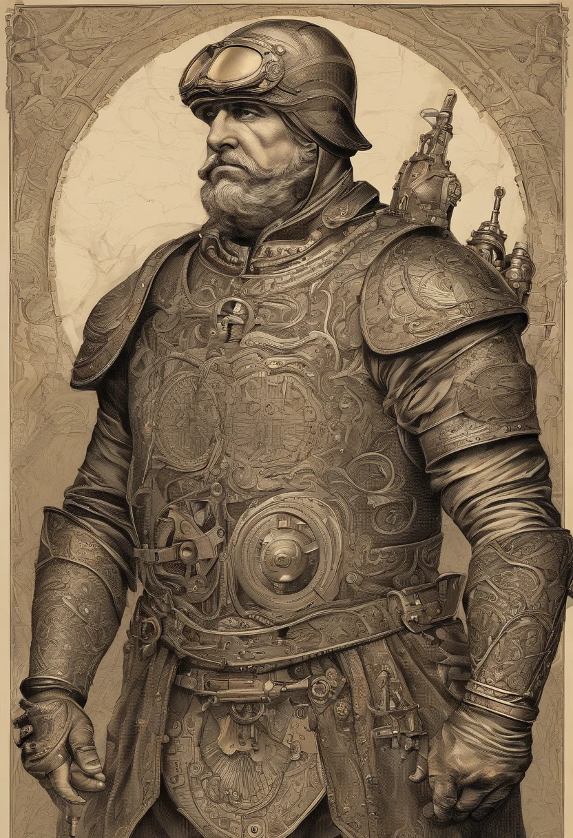 A mature muscular man,50yearsold,whaite hair,buzz cut, Well-developed muscles,vast pecs,Broad shoulders,Huge crotch bulge,Bare pectoral muscles,Open top,shorter pants,Steampunk-inspired armor,full bodyesbian,in a panoramic view,Sit Pose,High- sharpness,High Picture Quality,intricately details,tmasterpiece