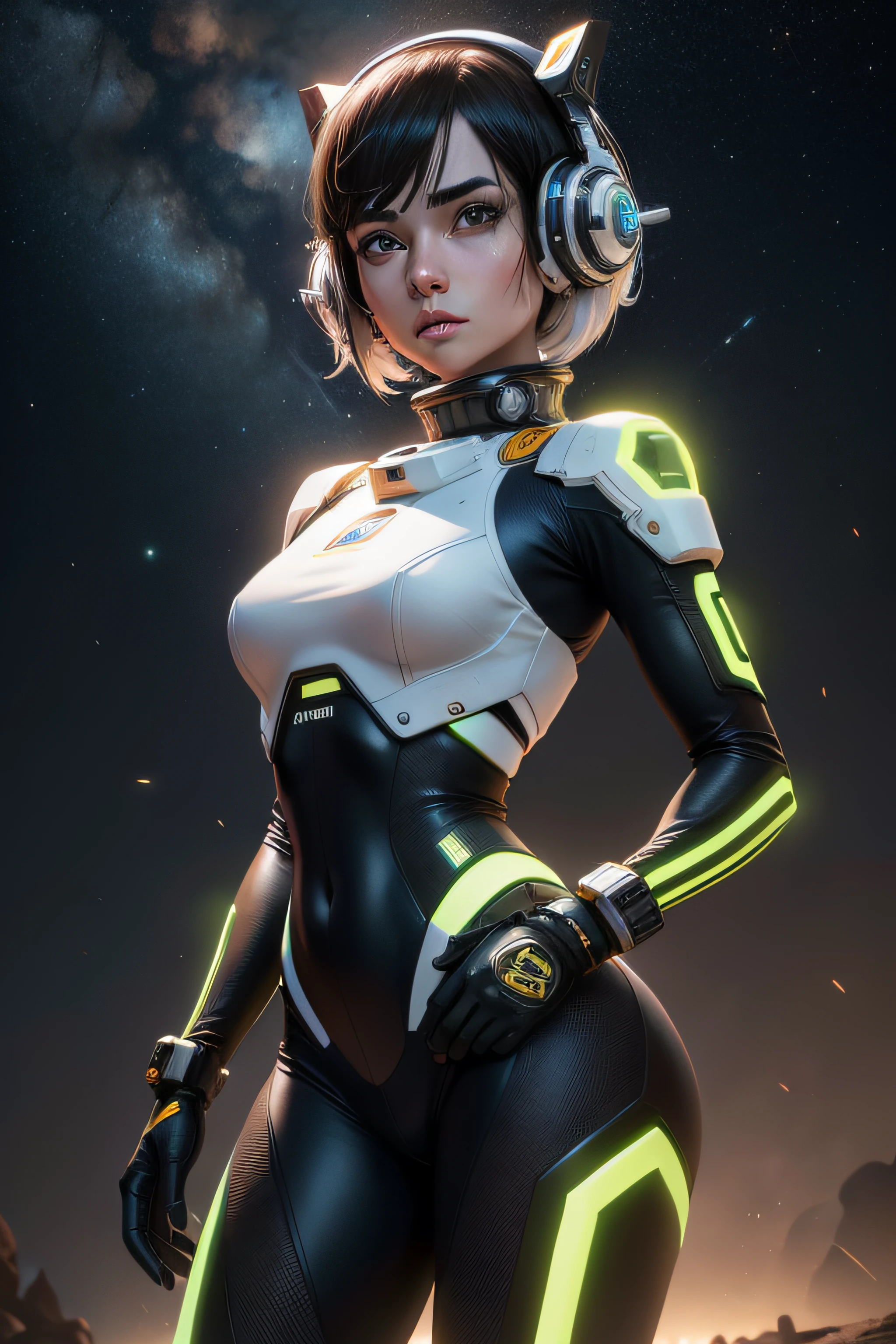 androide feminino, rosto perfeito, anatomia correta, real human reference, Cinematic setting, spatial lighting, Constellations in a night sky, melhor qualidade, hdr, art station, usando um traje espacial high tech, vermelho, branco, amarelo, malha texturizada, textura hdr, nasa punk, poses dinânmicas, lasers, flare espacial,