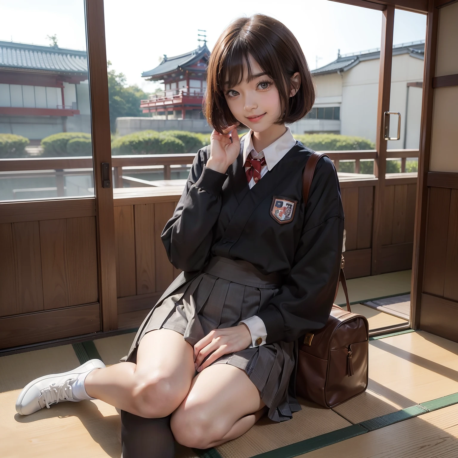 Best quality, masterpiece, full body, (Japan schoolgirl: 1.6), (high school uniform: 1.5), (sitting: 1.8), (smile: 0.8), bob cut, brown hair color, brown eyes, simple tatami room, (hands on the outside of body: 1.5), shining eyes, side lights, from the front