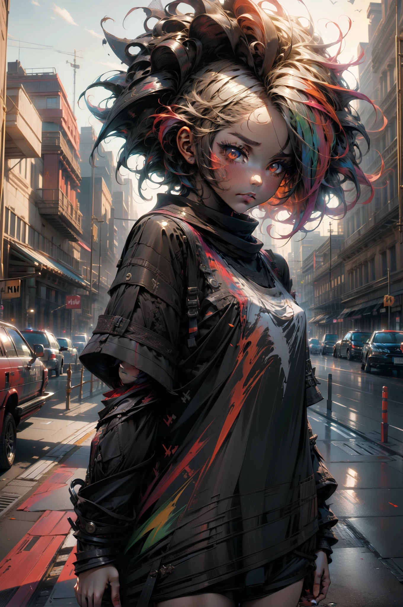 (((masterpiece))),(((4K))),(((girl))),(extremely detailed CG, ultra-detailed, best shadow), (scenery: 1.1), (short hair),(Cute half white and redk dyed hair),Black very Oversized tshirt,ariamizuseexp,Thing of Beauty