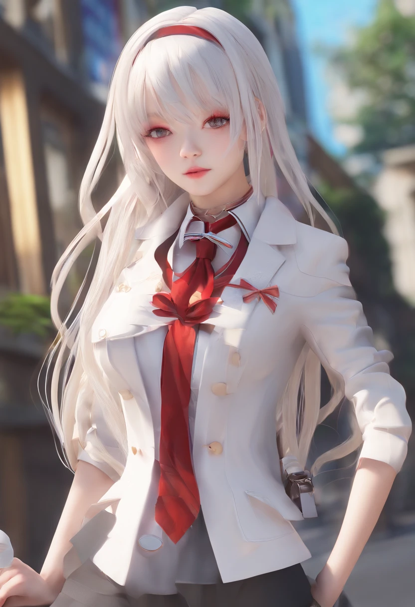Cute girl, High school girl, long white hair, Long hair and waist, White ribbon, Black eyes, Beautiful body, Beautiful hair, Smile, Crimson lines,White low-cut suit,E cup , park, Knee socks,black leg rings,does not wear panties , full bodyesbian