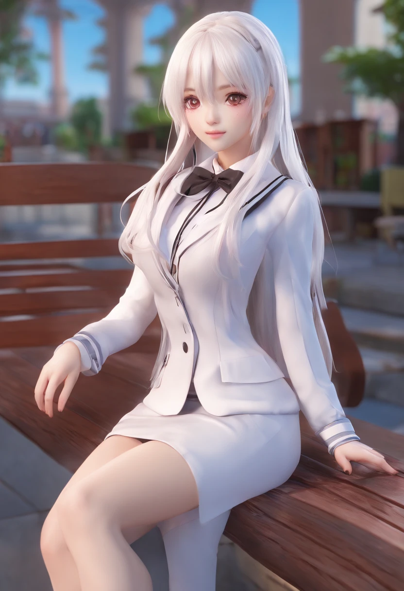 Cute girl, High school girl, long white hair, Long hair and waist, White ribbon, Black eyes, Beautiful body, Beautiful hair, Smile, Crimson lines,White low-cut suit,E cup , park, Knee socks,black leg rings,does not wear panties , full bodyesbian