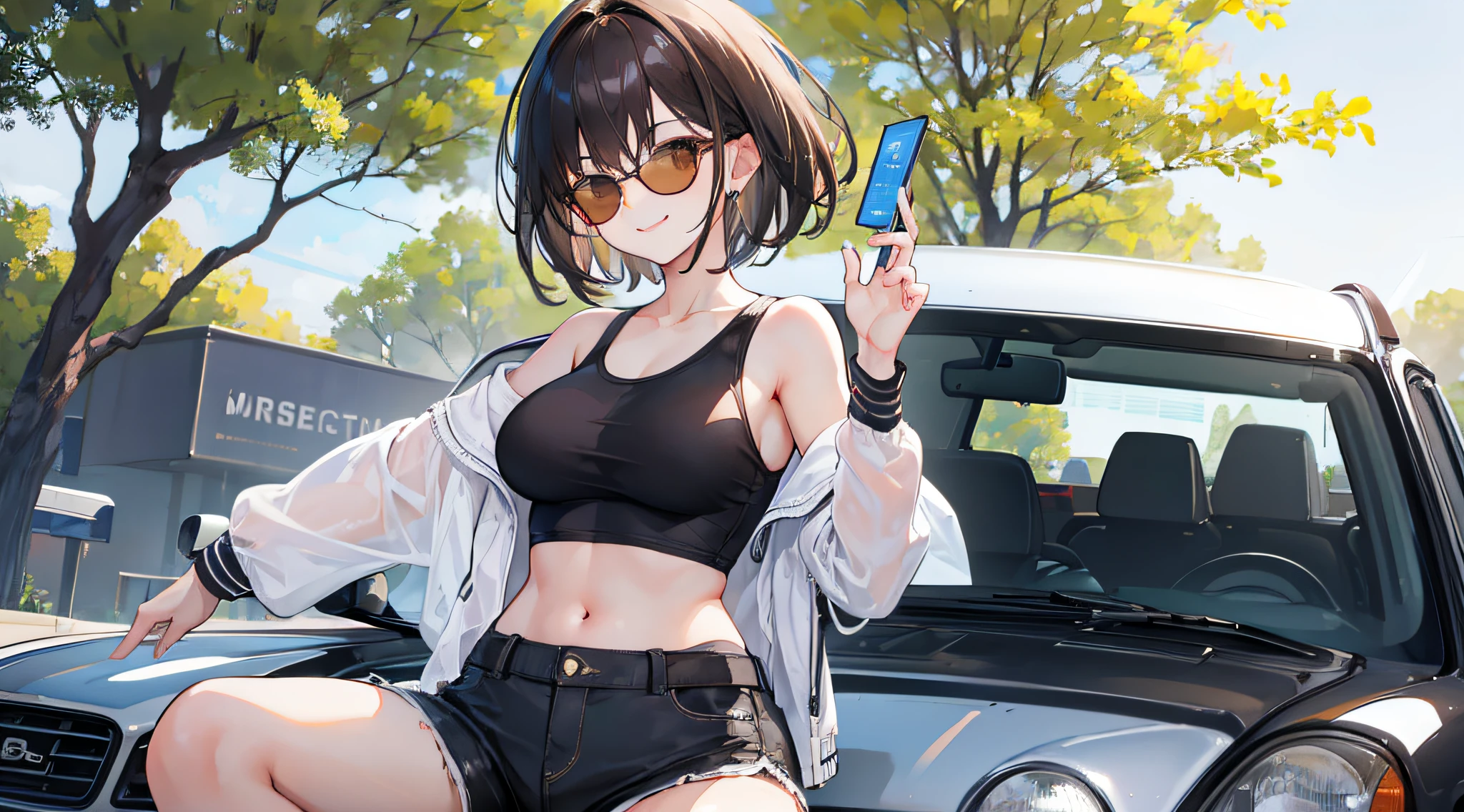 1girl, short dark hair, Average Breasts, Narrow top, Short shorts, wearing sunglasses, brown eye, sits on the hood of the car, 8K, Masterpiece, hight resolution, Smiling