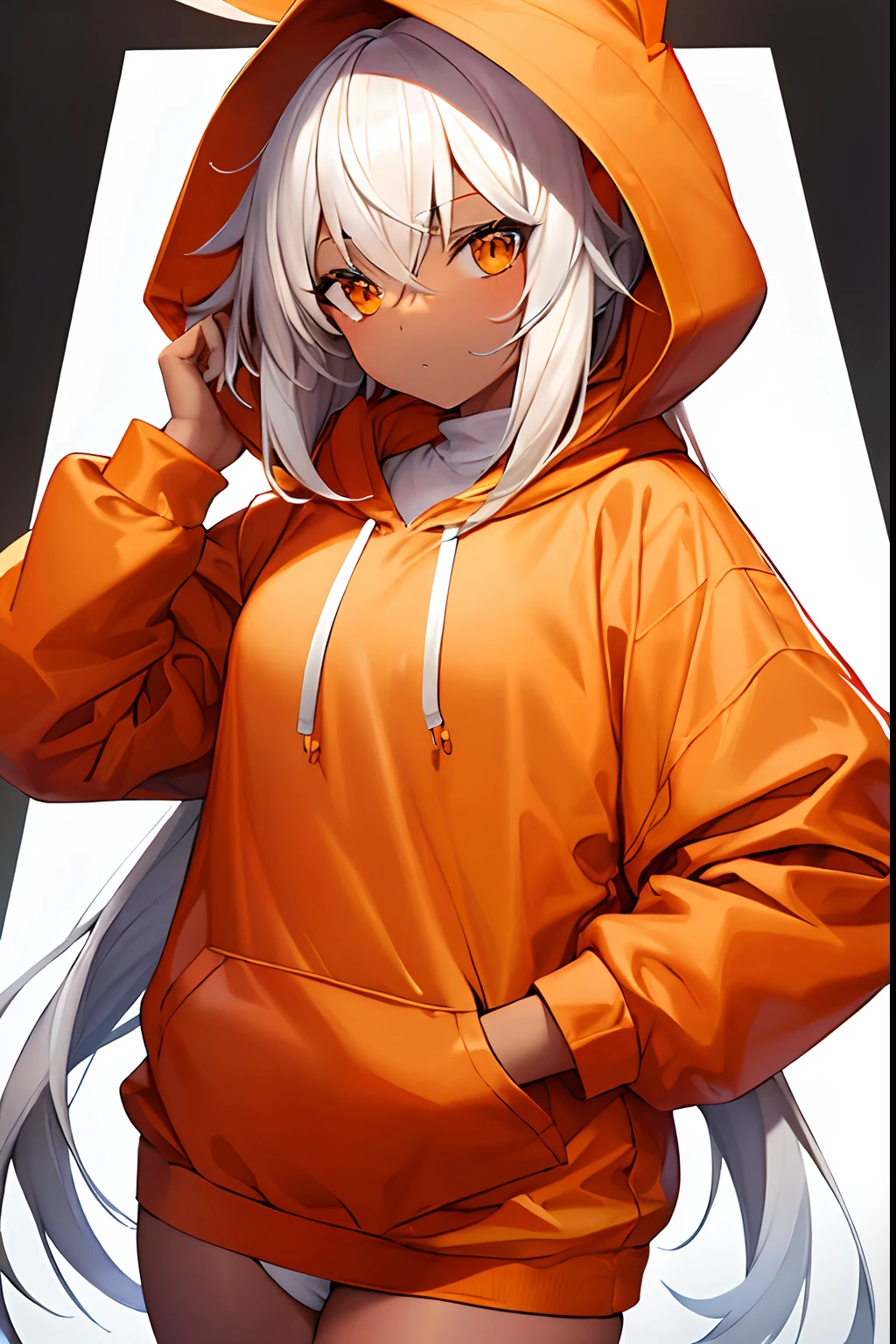 a white haired girl, with a mocha skin tone, wearing an orange hoodie with hood on with built in oversized orange bunny ears, and orange thigh highs with two white stripes