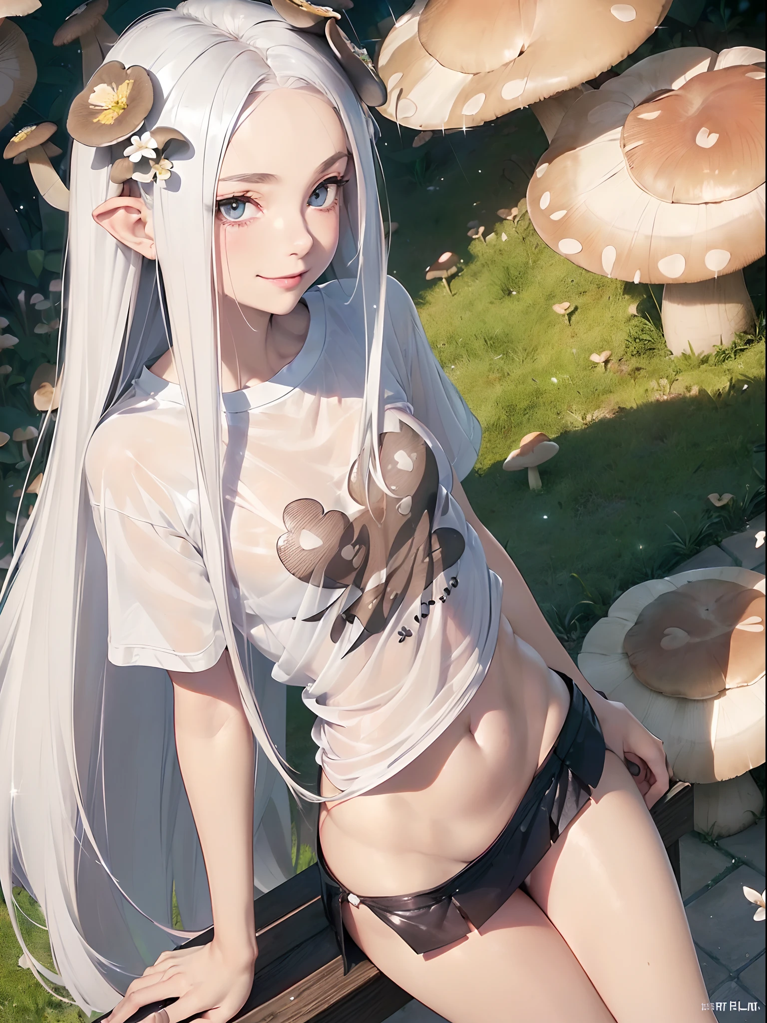 (platinum hair, long hair:1.3), (starly eyes), small nose, sexy lip, medium breast, (embarrassed), smile, 
 break
(see-through t-shirt, low rise miniskirt:1.3), (mushroom on head:1.2), (hand on forehead:1.3), standing, profile, 
 (tilt own head:1.3), (from above:1.3), (muscular:0.8), 
 break
(park, blossom, flower:1.3) ,  (wide view:1.2), (sparkle:1.2),