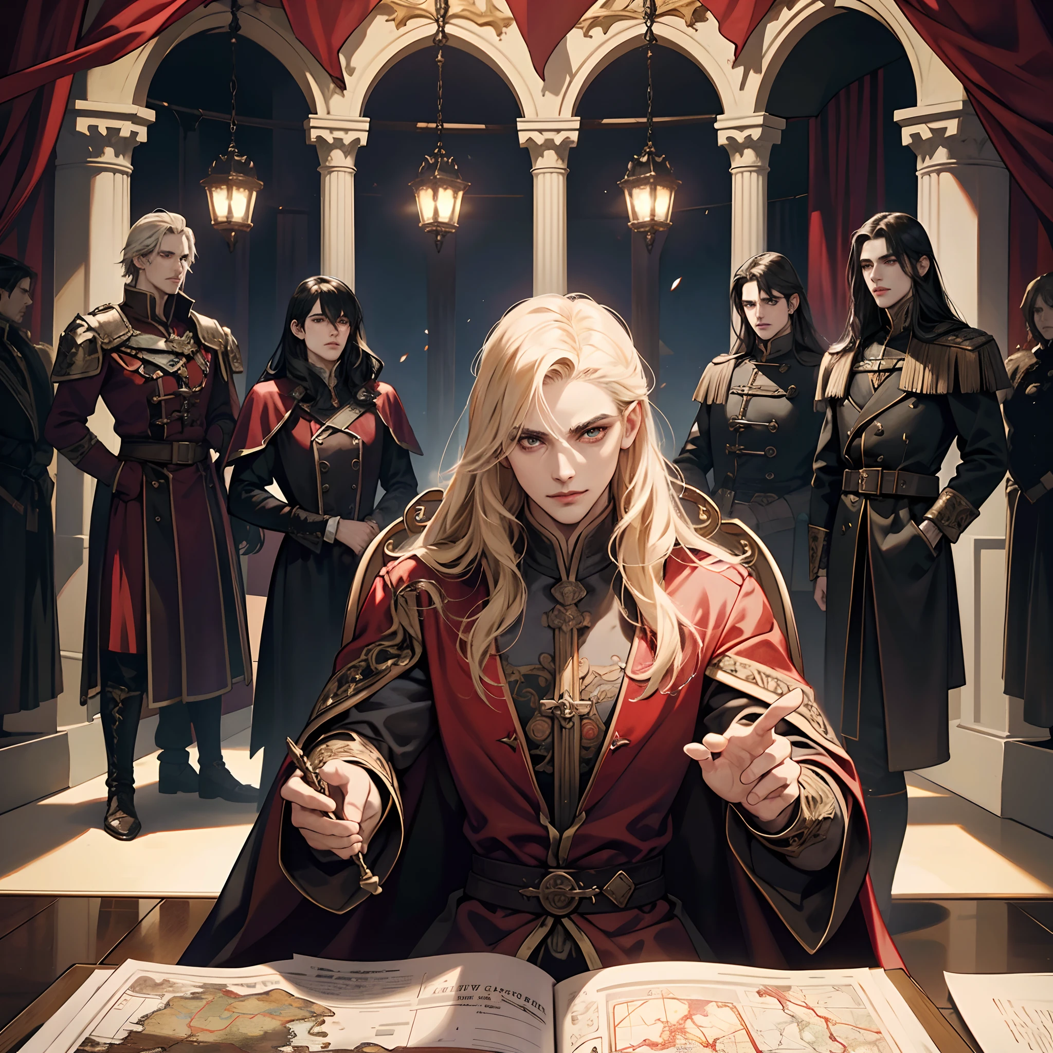Castlevania Lord of the shadows lord dracula in thé throne room with his great Legendary soldiers looking in Map of conquest hyper realistic super detailed Dynamic shot master piece scene cinématique of movie