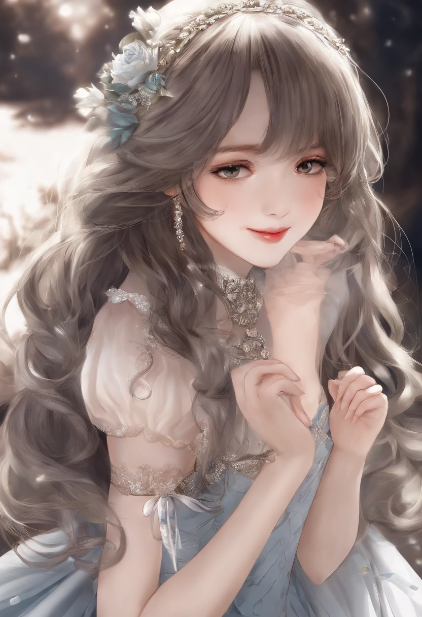 masterpiece, best quality, 1girl, solo, long_hair, looking_at_viewer, smile, dress, ribbon, jewelry, very_long_hair, hair_ribbon, flower, bracelet, two_side_up, hand_on_own_face, head_rest, hand_on_own_cheek, lineart, monochrome,
