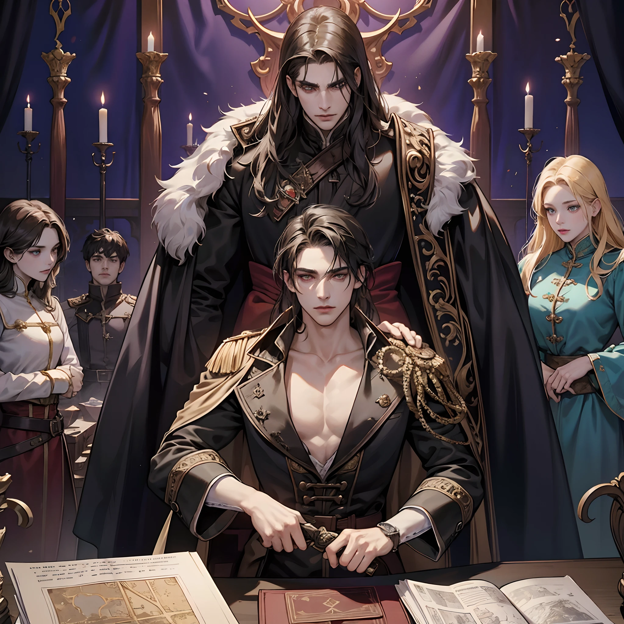 Castlevania Lord of the shadows lord dracula in thé throne room with his great Legendary soldiers looking in Map of conquest hyper realistic super detailed Dynamic shot master piece scene cinématique of movie