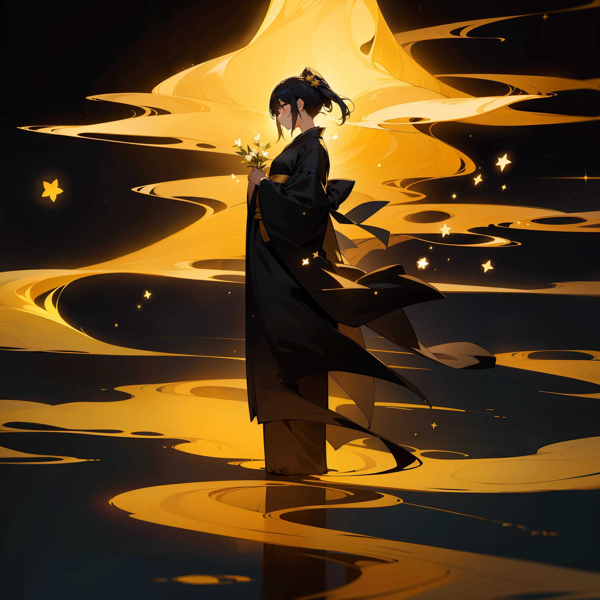 Gold stars twinkle in the black sky、One woman dressed in black kimono、In his hands stood with colorful flowers。Silence surrounds it、There was a fantastic atmosphere as if time had stopped.。A faint golden light leaked from under her feet.、It was illuminating the darkness。