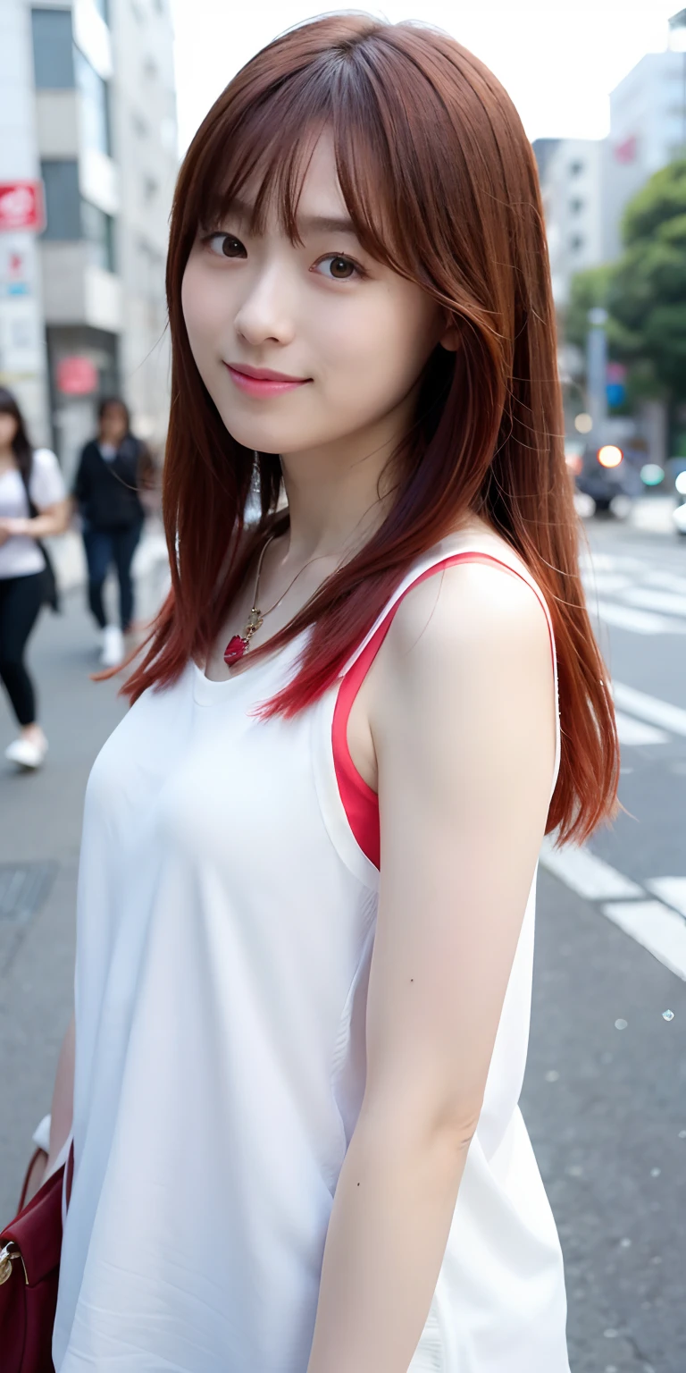 1人、on tokyo street、natta、A city scape、city light、The upper part of the body、a closeup、A smile、、(8K、Raw photography、top-quality、​masterpiece:1.2)、(realisitic、photoRealstic:1.37)、Yellow camisole、Red hair、Semi-long hair、Red hair、Red hair、Cross Necklace