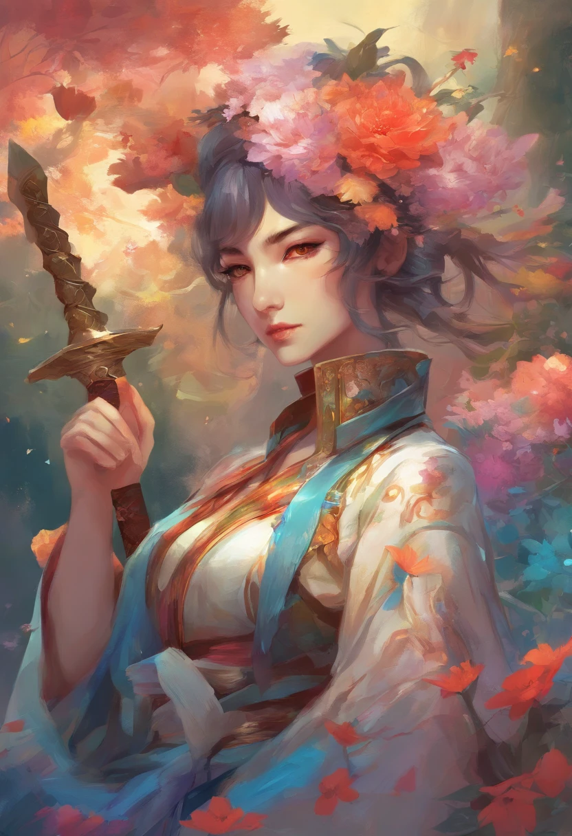Woman with sword and flower helmet, Holding a sword sword,  artwork in the style of guweiz, katanas strapped to her back, katanas, takato yomamoto. Female Samurai, Glo Anime , katana zero video game character、 Detailed drawing. Vivid colors. High image quality. --S 1000 --AR 4:5 - Rainbow 5