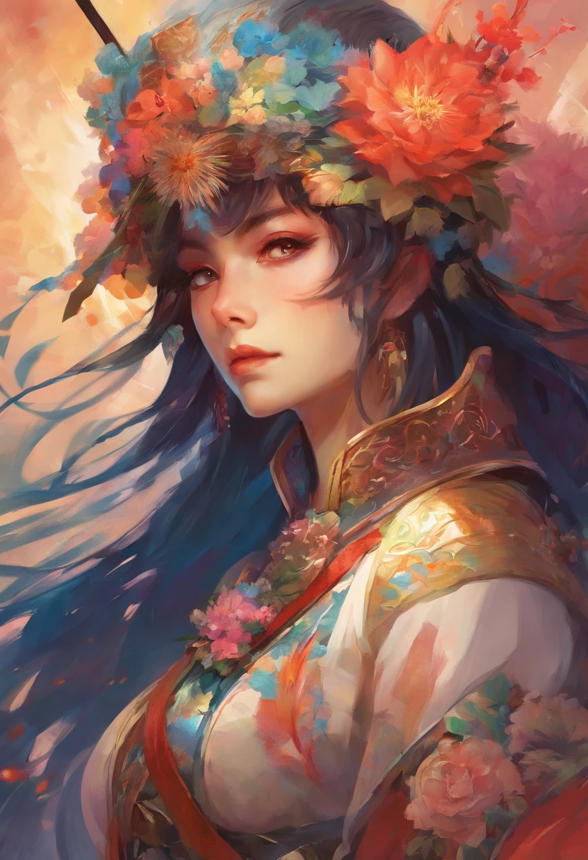 Woman with sword and flower helmet, Holding a sword sword, artwork in the style of guweiz, katanas strapped to her back, katanas, takato yomamoto. Female Samurai, Glo Anime , katana zero video game character、 Detailed drawing. Vivid colors. High image quality. --S 1000 --AR 4:5 - Rainbow 5