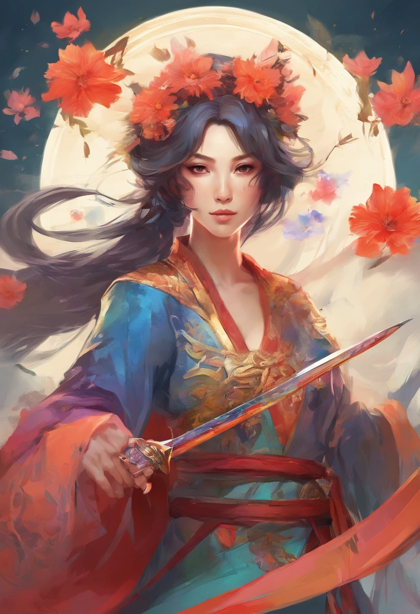 Woman with sword and flower helmet, Holding a sword sword, artwork in the style of guweiz, katanas strapped to her back, katanas, takato yomamoto. Female Samurai, Glo Anime , katana zero video game character、 Detailed drawing. Vivid colors. High image quality. --S 1000 --AR 4:5 - Rainbow 5