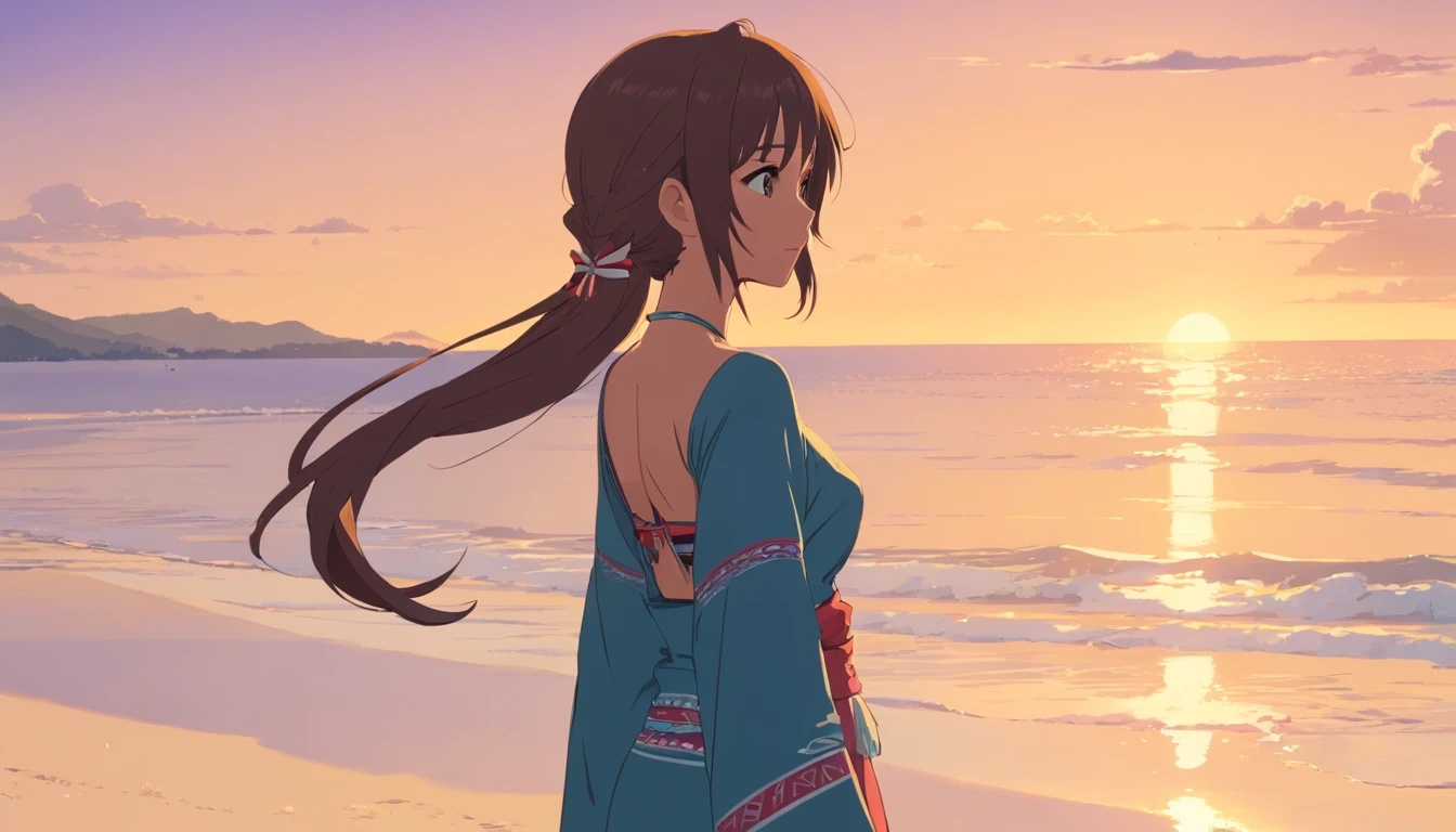 Tribal woman, Skinny, Flat chest, On the beach, Wear Korean clothes