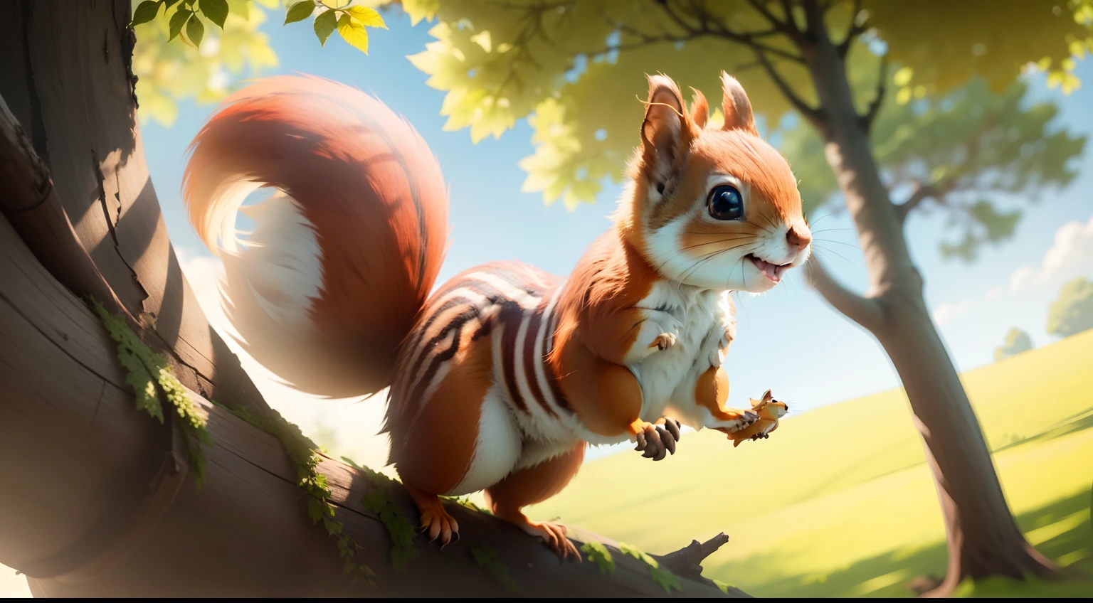 One sunny morning, as Sandy(a red squirrel)was leaping from branch to branch,cartoon style,8k