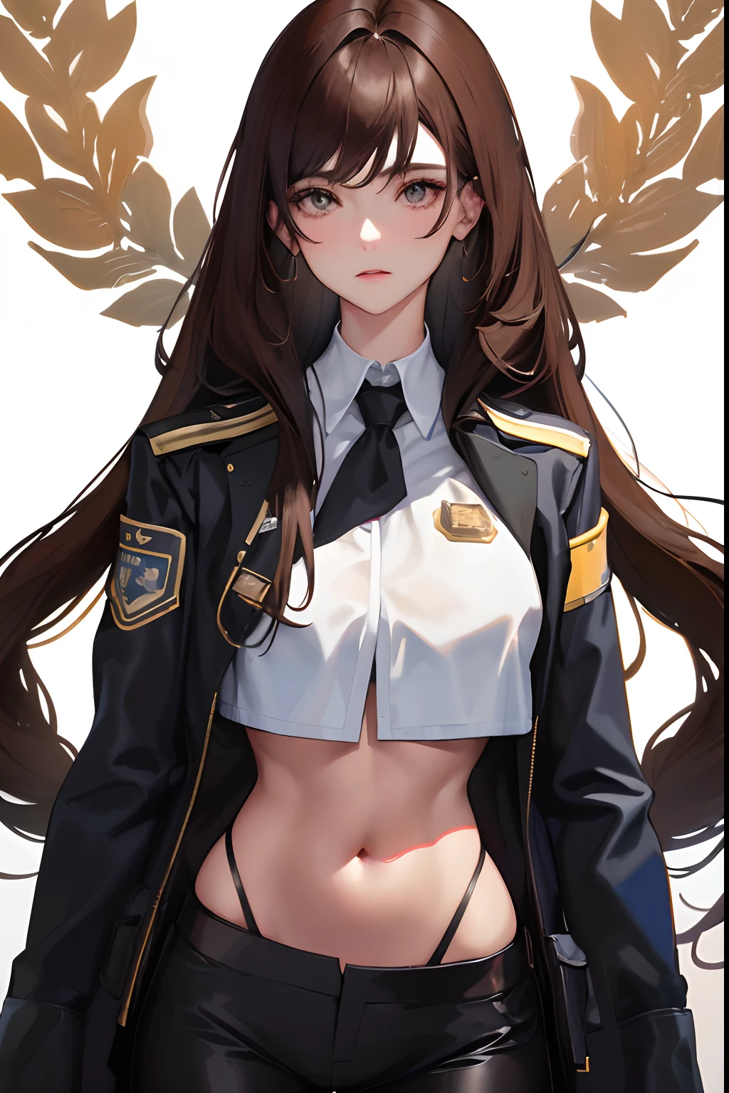 a long hair girl, dark brown hair, wearing police costume, suit and tie, crop top showing belly button, looking at viewer, standing, facing viewer, both hands rest on the side of the body, half body shot, no pose, semi-realistic, 100% white background