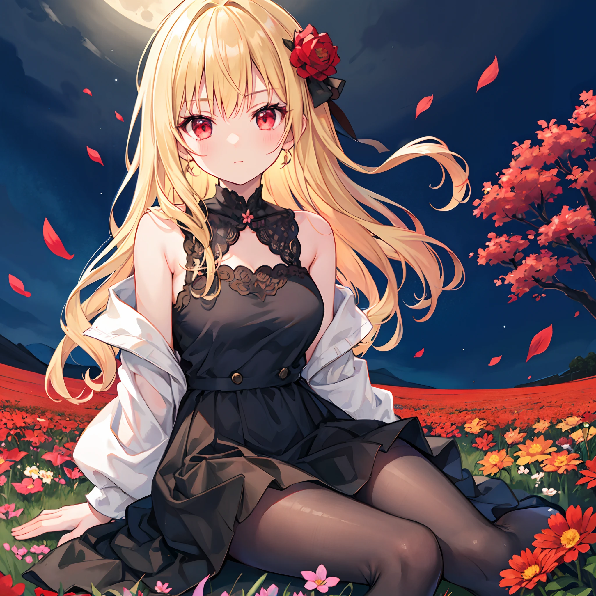 Wavy blonde、red eyes、Beautiful girl alone、Black fluffy dress、off shoulders、a miniskirt、Black tights、flower  field、sitting on、a moon、Colored leaves