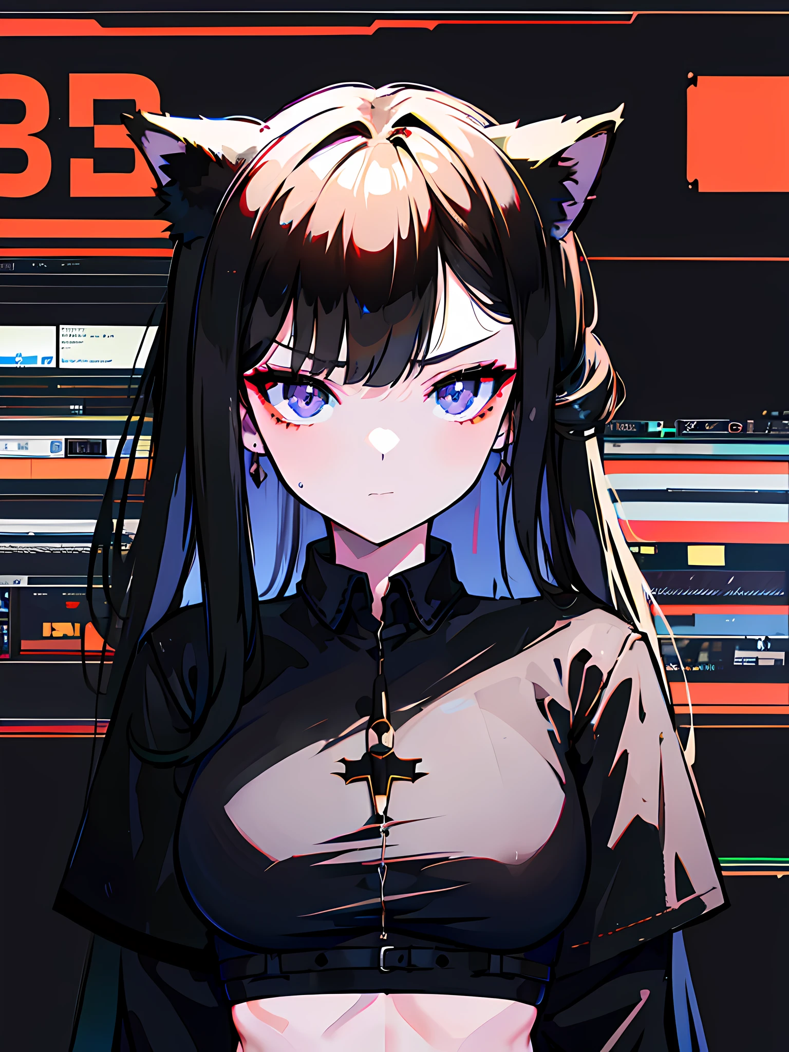 1girl, Long black hair, cat Ears, Black eyes, perfect face, wearing plain black shirt, denim shorts, Computer, Steampunk, absurdres, high res, ultra sharp, 8K, masterpiece, looking at viewer