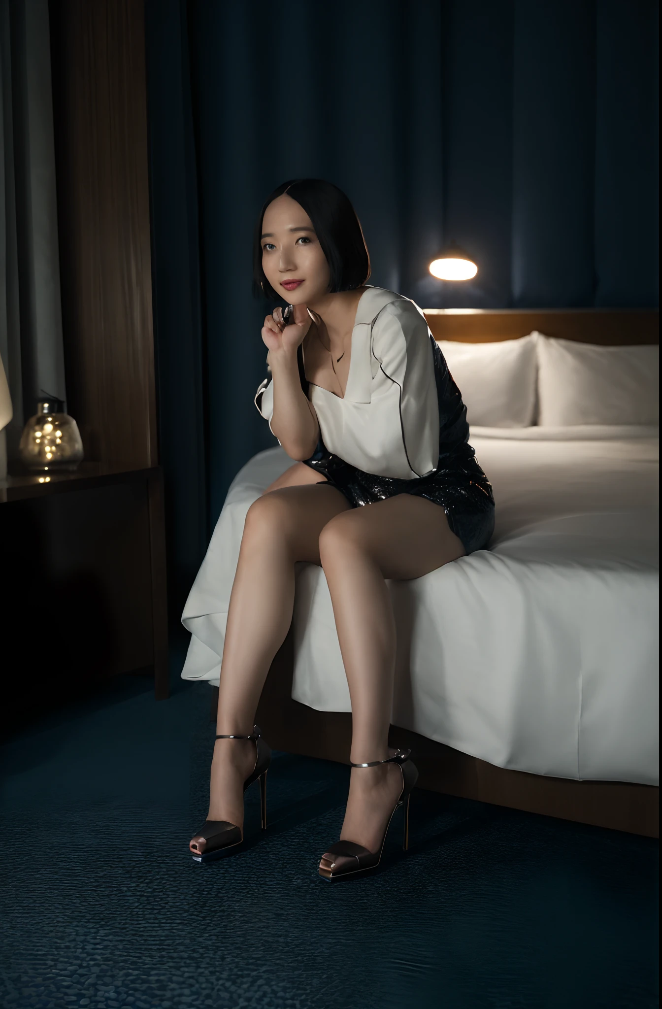 (side lights、Photorealsitic、Beautiful Eyes of Details:1.2)、portlate、realisitic、3D顔、shinny skin、(​masterpiece、top-quality、beautiful quality、Look at viewers、detailed lighting、shadowy、8k:1.4)、(women's pictures、独奏、Hotel Rooms、a bed、1girl in、high-heels、hotpants:1.4)、Ayano Omoto、