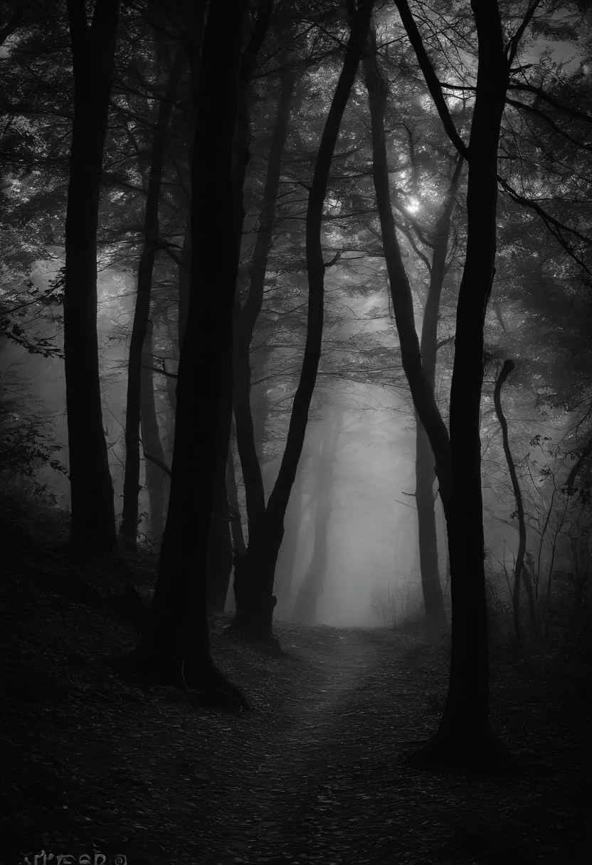natureza detalhada,forest at night,atmosfera sinistra,sombras assustadoras,dark trees,ethereal moonlight,nevoeiro misterioso,sons assombrosos,folhagem densa,Galhos retorcidos,Mysterious figures lurking,enveloping darkness,uivos distantes,eerie silence,segredos escondidos,Magia negra,unsettling presence,Mystical creatures,Deserto intocado pelos humanos,Caminhos secretos,Floresta Encantada,energia de pressentimento,elementos sobrenaturais,Evoking fear in the heart, surreal e inquietante,paisagens de pesadelo,melancholic beauty,arte macabra,The unknown lurking in the shadows,beleza aterrorizante,Nocturnal Mystery,An exploration of darkness,desolador e assombroso,pintando os pesadelos,Invisible forces at play,aventura sombria,Whispering spirits. (best quality,ultra-detalhado,master part:1.2),Realistic,horror,fundo,Moody,lowkey lighting,cores sinistras,Contraste e sombras,dramatic composition.