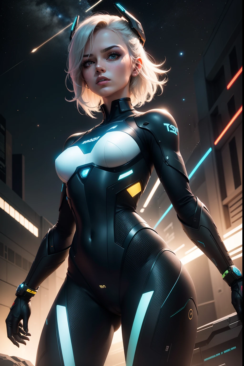 androide feminino, rosto perfeito, Anatomia correta, real human reference, Cinematic setting, spatial lighting, Constellations in a night sky, melhor qualidade, HDR, Art Station, usando um traje espacial high tech, vermelho, Branco, amarelo, malha texturizada, Textura HDR, Nasa punk, Dynamic action poses, Lasers, batalha espacial,
