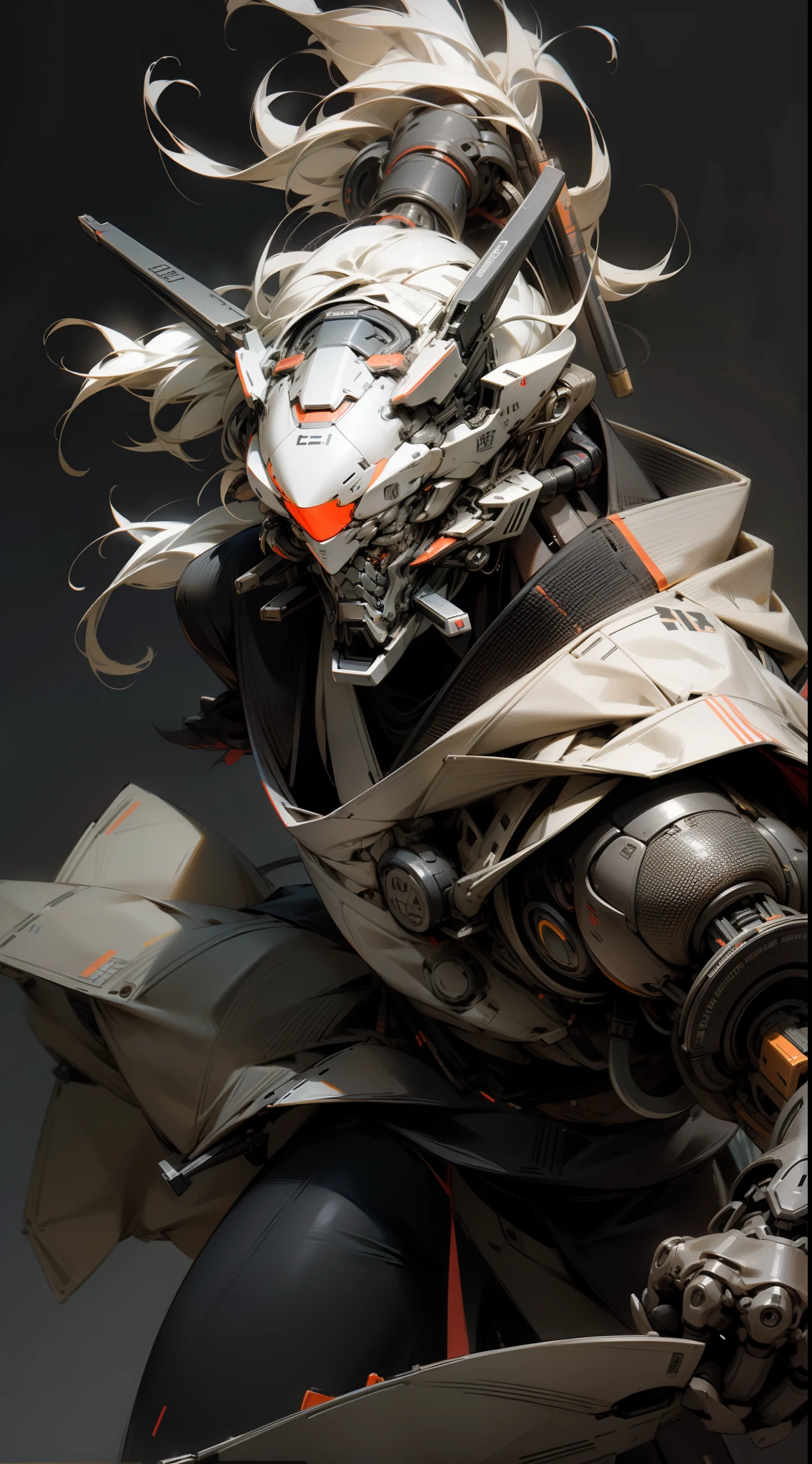 Ultra Realistic Japanese warrior black and white color mech in action portrait with lots of details and amazing design