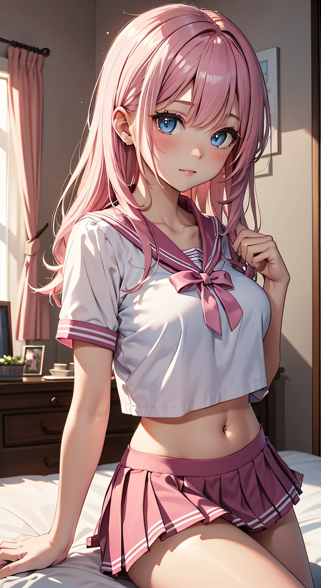 Beautiful illustration、top-quality、 s、Bedroom、A pink-haired、length hair、(((Pink pleated skirt)))、(((pink sailor suit)))、shortsleeves、Colossal tits、a navel、Flipping up the skirt with your hands、Show white panties、Pull up your skirt and show your panties、bare-legged、blue eyess、on the beds、lovely thighs、glowing thigh