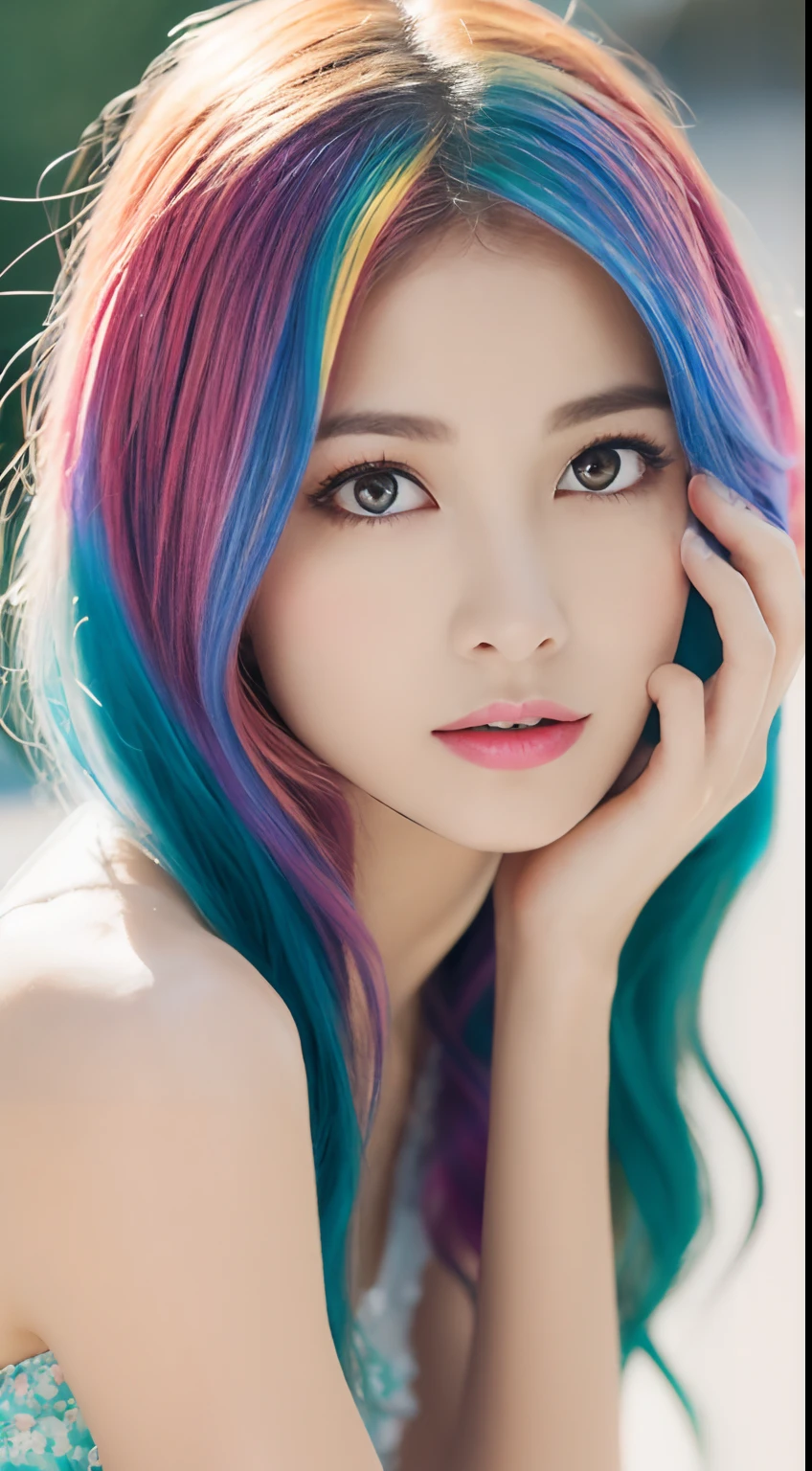 ((Best Quality, 8K, masutepiece:1.3, 1 girl, Beautiful Girl)), Cute, Detailed face, Detailed skin, Detailed eyes, Detailed lips, Detailed fingers, Photorealistic, Raw photo, Natural light, perfect anatomy, Dynamic Pose, toned legs, hight resolution, Looking at Viewer, ((rainbow hair, colorful liquid on the body))