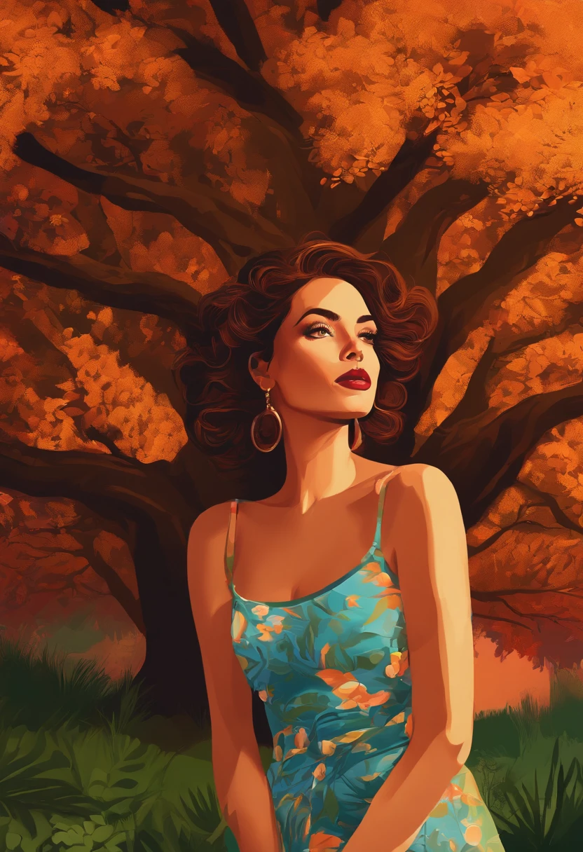 A girl under a tree, Digital illustration, pop art style, deviant art, Vibrant, fun, Colorful lighting.
