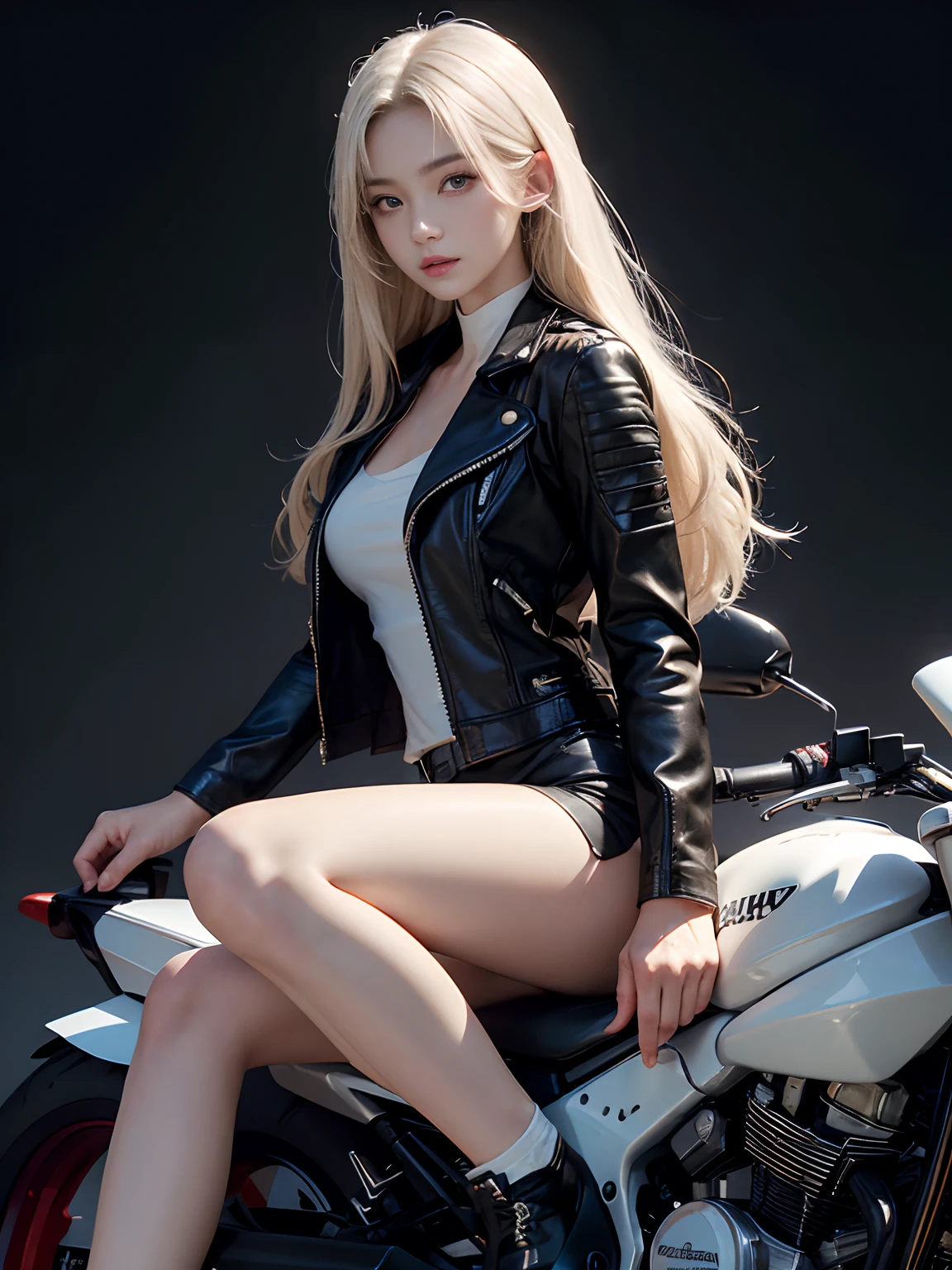 best qualtiy,tmasterpiece,超高分辨率,(真实感:1.4),RAW photogr,1girll,Face Highlighting,Pure,Flushing,25 age old,long whitr hair(best qualtiy,8K,tmasterpiece:1.3),Goose egg face,largeeyes,long eyelasher,Exquisite(live-action realistic style),Star-like eyes,Ultimate face,Photorealistic light and shadow,Clear facial features,Milky white skin,Fair skin, highdetailskin, Realistic skin details, Visible Pore,(Super detail),(perfect bodies:1.1),long whitr hair,(dynamicposes),((Dynamic background((volumettic light:1.3)),Black leather jacket,the motorcycle,sitting on the motorcycle,Callous,Full body like,Bareleged,Killing City