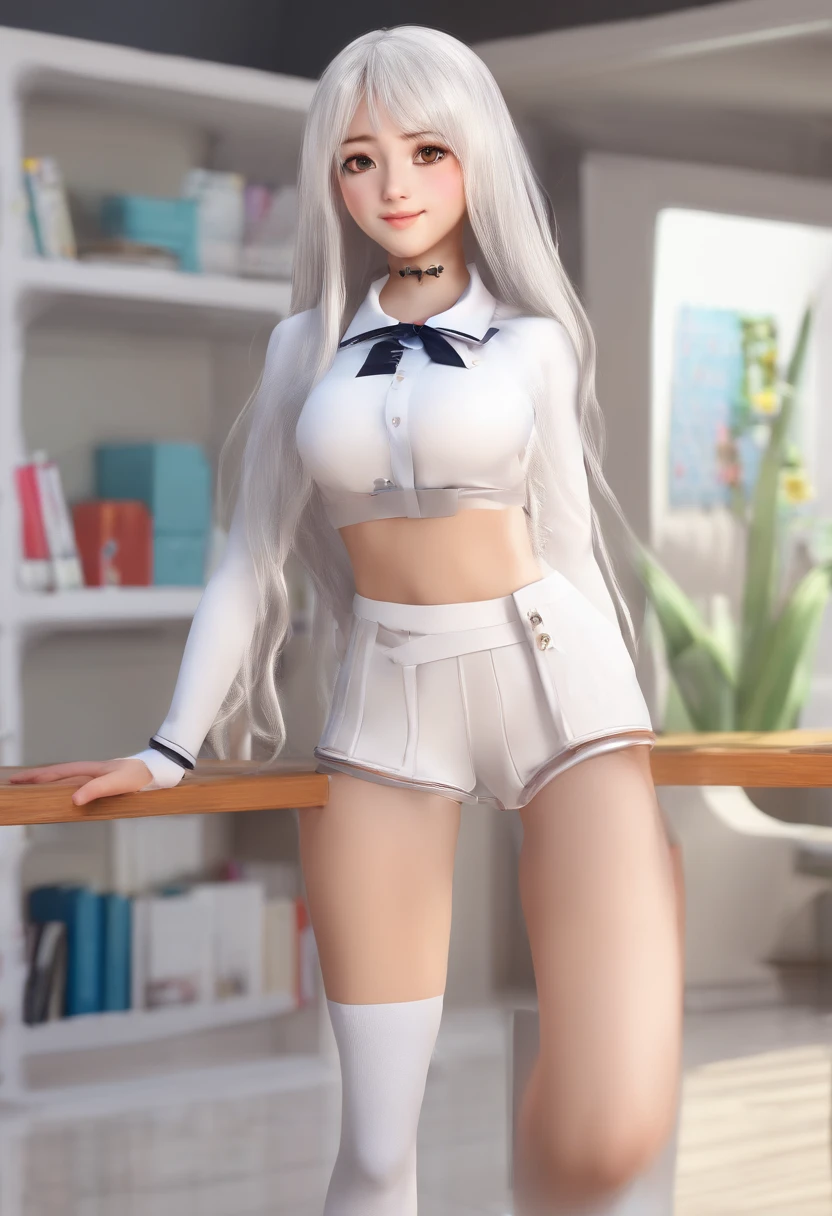 High school girl, long  white hair, Long hair and waist， White ribbon, Black eyes, Beautiful body, Beautiful hair, Smile，White low-cut suit,E cup , Knee socks,black leg rings，does not wear panties , full bodyesbian