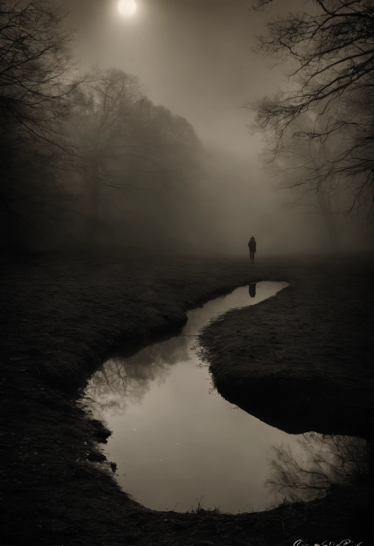 natureza detalhada,forest at night,atmosfera sinistra,sombras assustadoras,dark trees,ethereal moonlight,nevoeiro misterioso,sons assombrosos,folhagem densa,Galhos retorcidos,Mysterious figures lurking,enveloping darkness,uivos distantes,eerie silence,segredos escondidos,Magia negra,unsettling presence,Mystical creatures,Deserto intocado pelos humanos,Caminhos secretos,Floresta Encantada,energia de pressentimento,elementos sobrenaturais,Evoking fear in the heart, surreal e inquietante,paisagens de pesadelo,melancholic beauty,arte macabra,The unknown lurking in the shadows,beleza aterrorizante,Nocturnal Mystery,An exploration of darkness,desolador e assombroso,pintando os pesadelos,Invisible forces at play,aventura sombria,Whispering spirits. (best quality,ultra-detalhado,master part:1.2),Realistic,horror,fundo,Moody,lowkey lighting,cores sinistras,Contraste e sombras,dramatic composition.