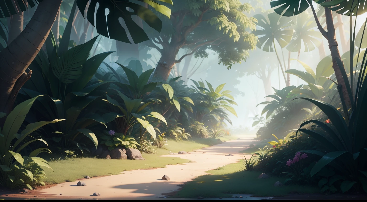 noticed a shiny, mysterious object ((glinting)) in the distance,in jungle area,cartoon style,8k
