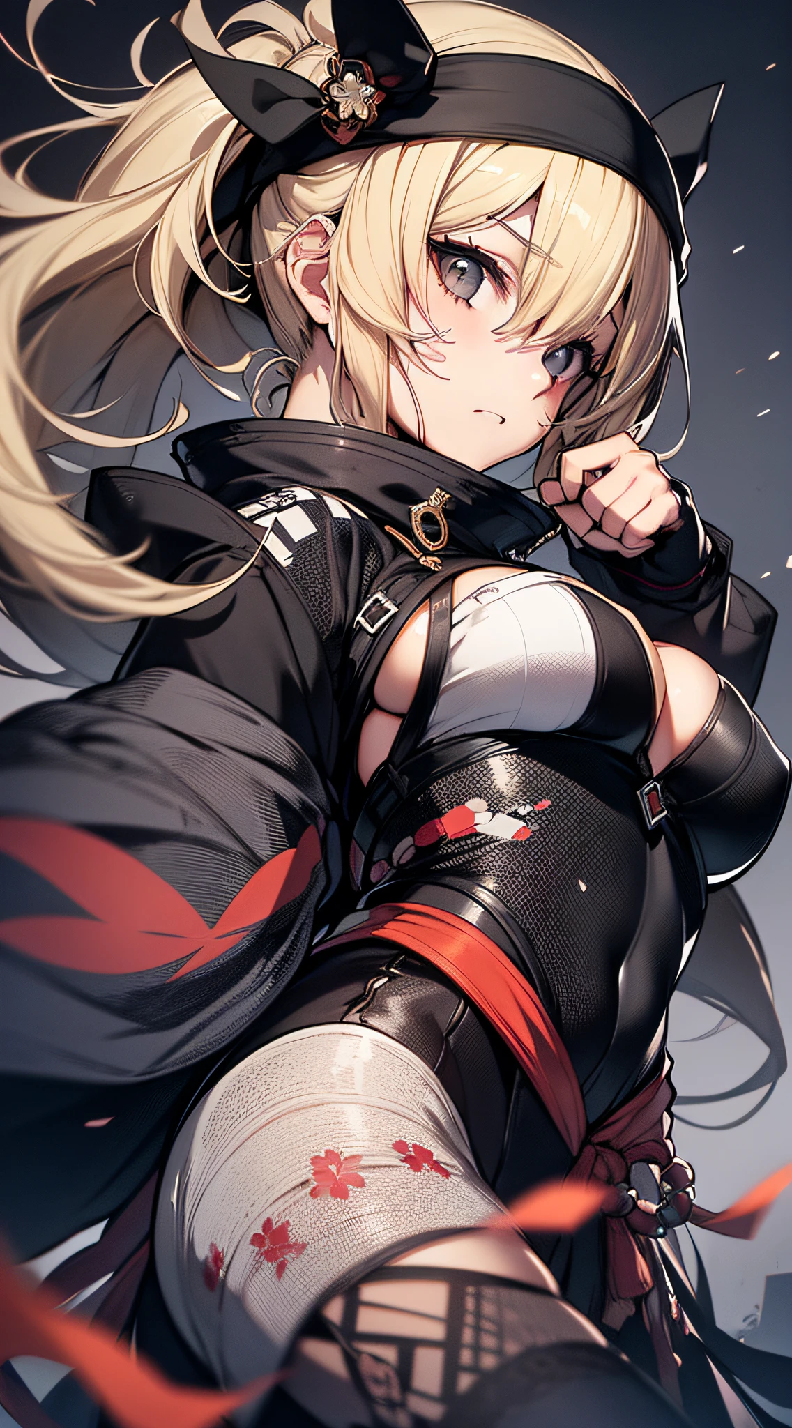 top-quality、Top image quality、​masterpiece、s girl((18year old、Black short-sleeved survival suit、bust 80、a blond、poneyTail、Breasts wide open,Valley、Black eye、Strong eye power、Black Hachimaki、Get closer to your audience、Kamimei、Full of wounds all over the body、fighting poses)）hiquality、visualart、Background with((World of Japan、Black sky))、Black and white tones