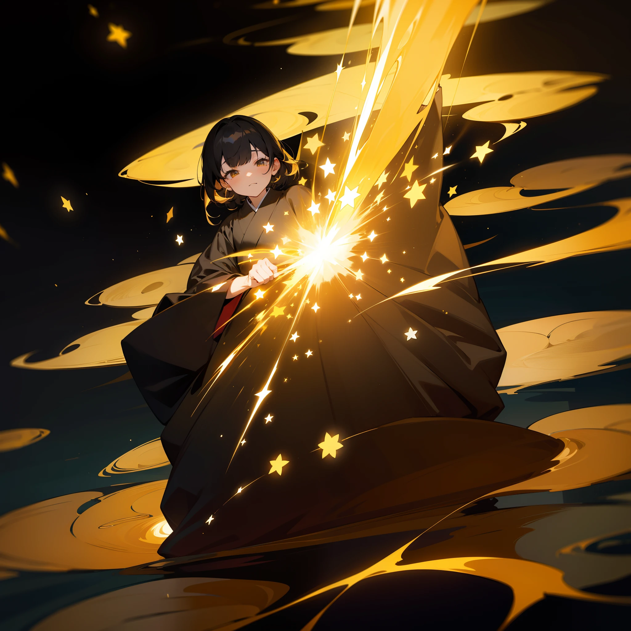 Gold stars twinkle in the black sky、One woman dressed in black kimono、In his hands stood with colorful flowers。Silence surrounds it、There was a fantastic atmosphere as if time had stopped.。A faint golden light leaked from under her feet.、It was illuminating the darkness。